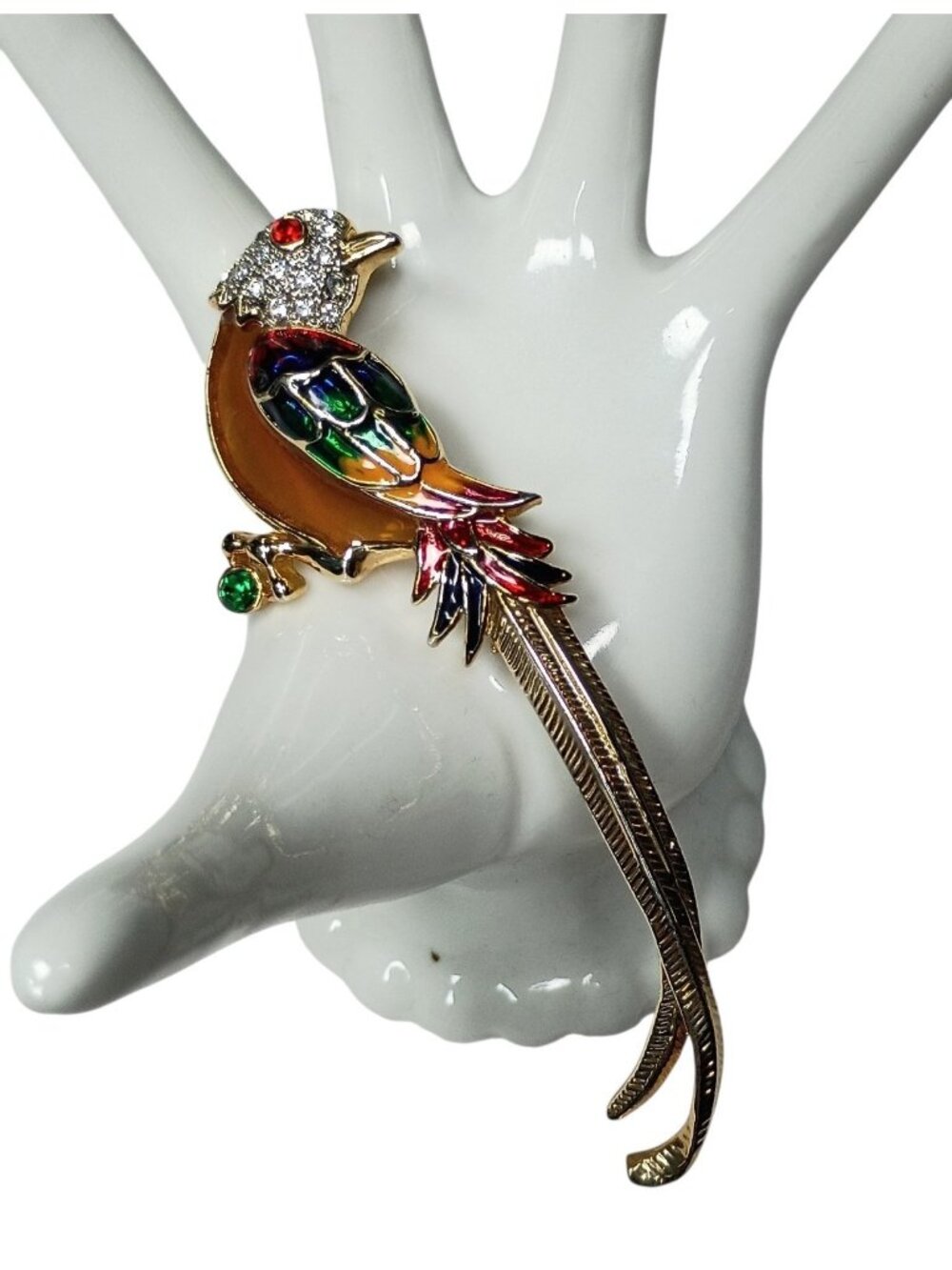 Premier Designs Enamel Rhinestone Parrot Bird Brooch Pin Signed Colorful 4"